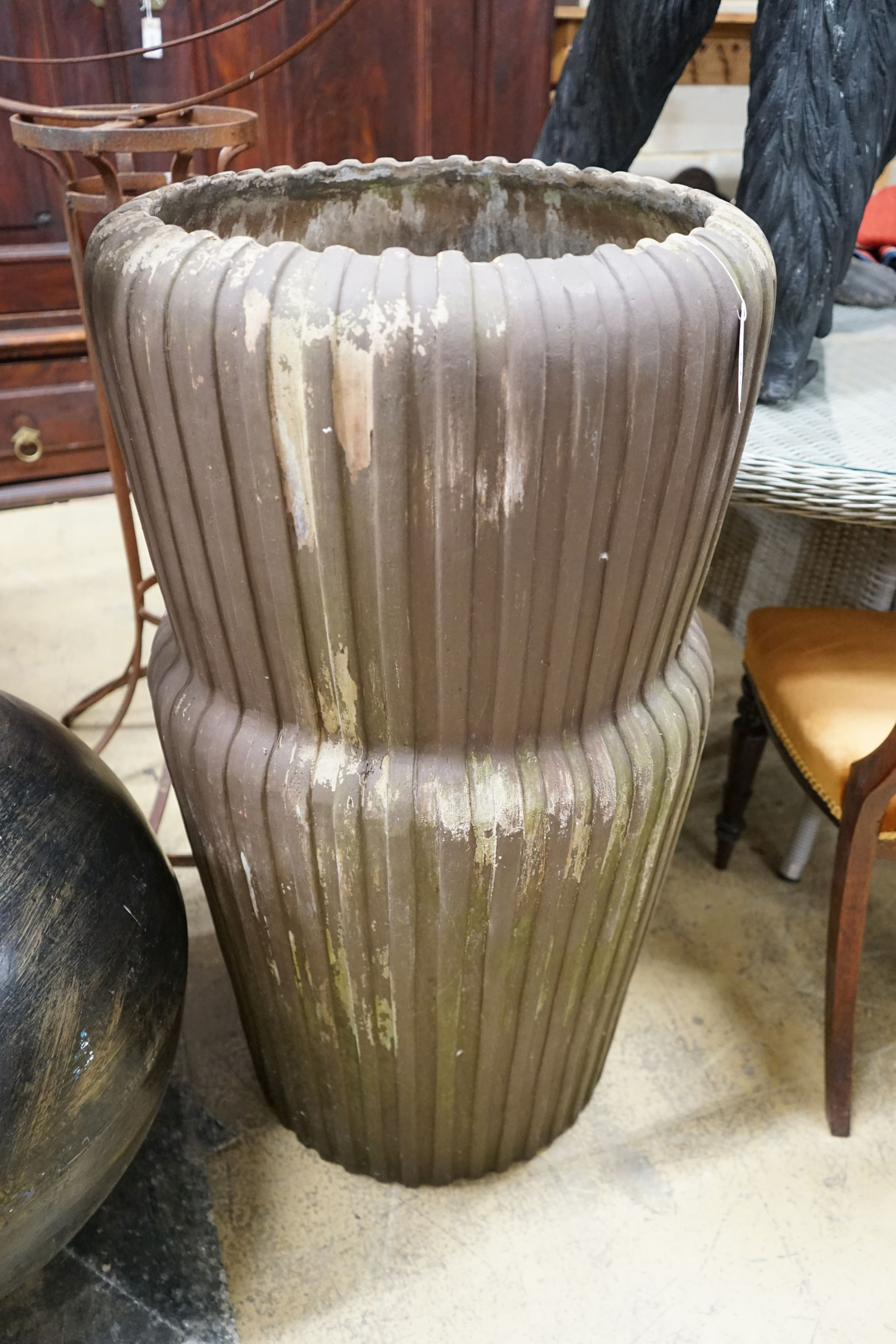 A large glazed earthenware circular garden planter, diamerer 56cm, height 100cm